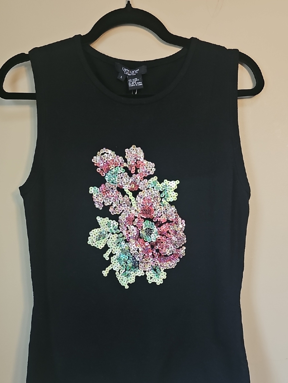 Karen Kane Black Tank with Iridescent Sequin Floral Motif